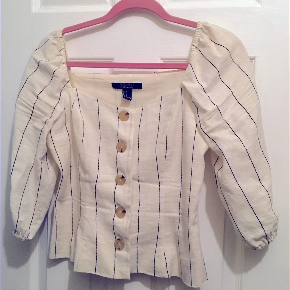 Striped Linen Button down with puff sleeves